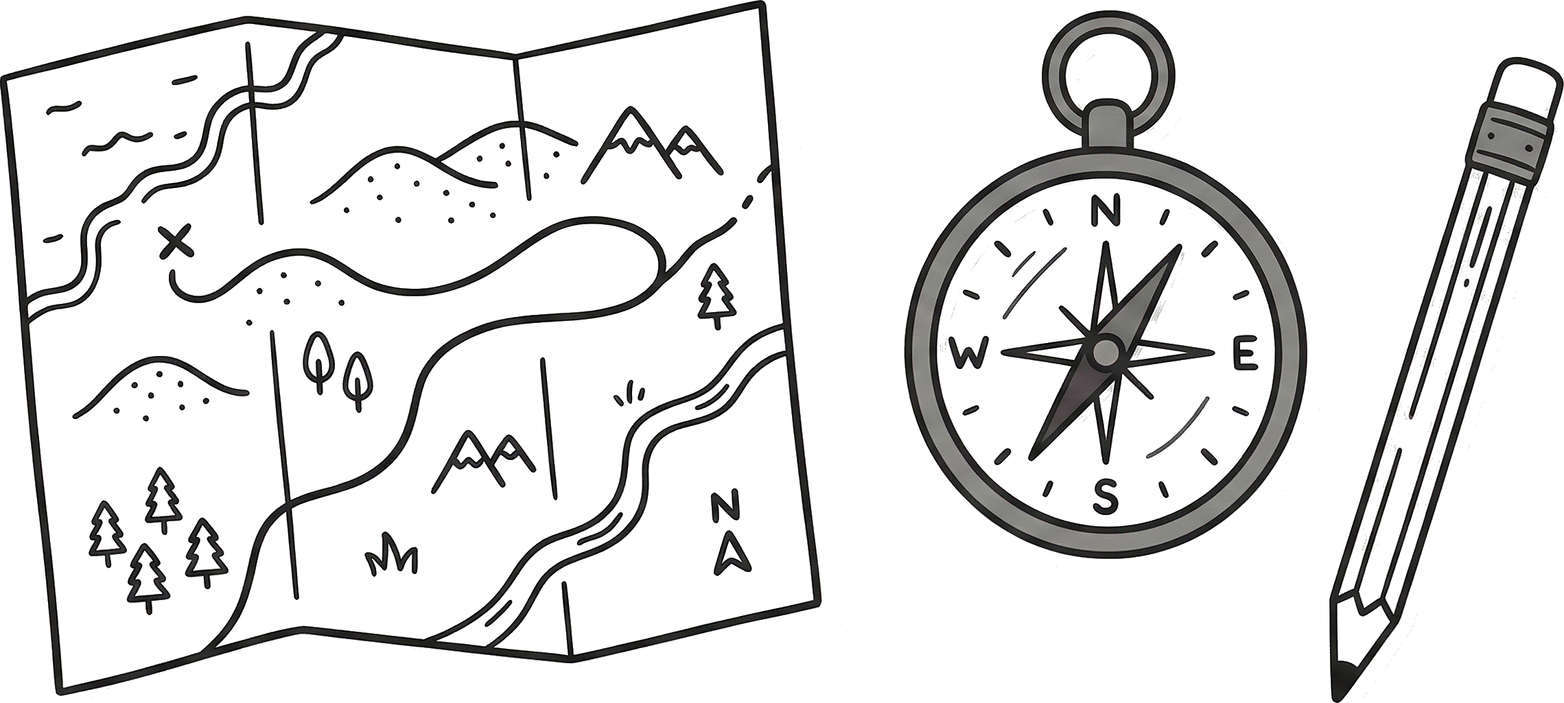Illustration of a map, compass, and pencil